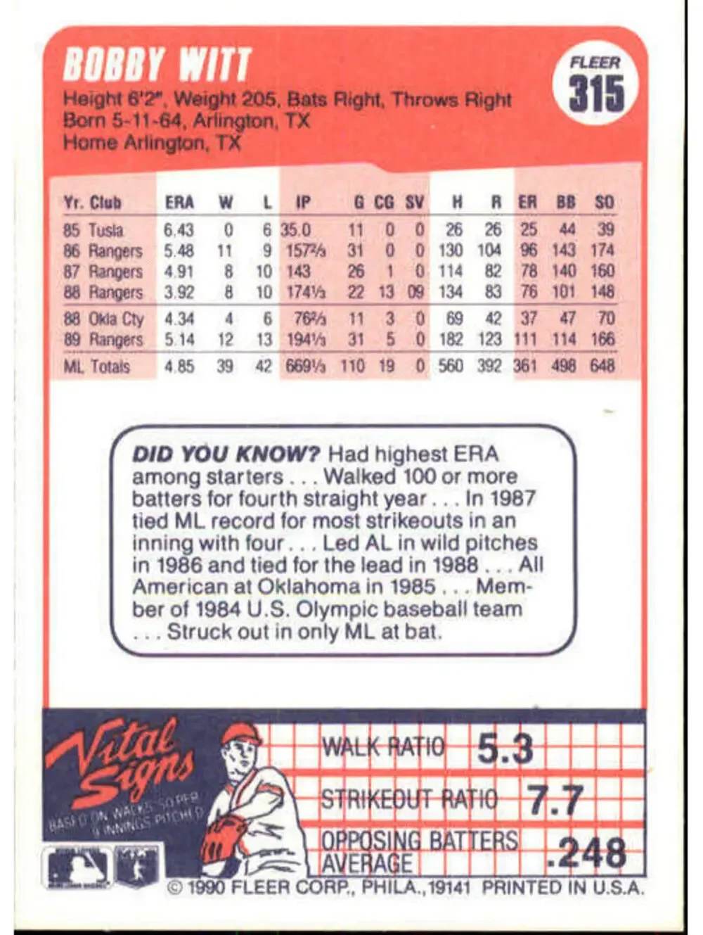 1990 Bobby Witt Fleer Baseball Card #315